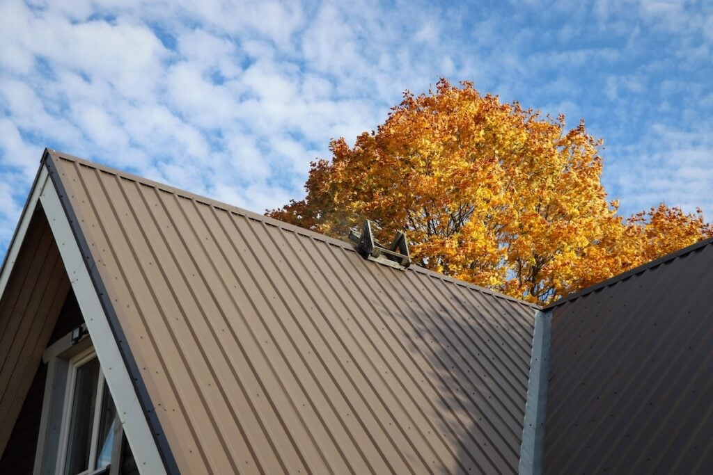 Brown metalic roof house under the autmn tree against blue sky .