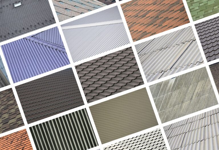 A collage of many pictures with fragments of various types of roofing close up.
