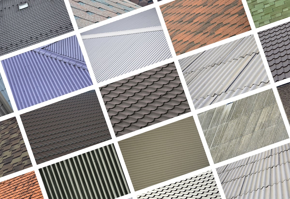 A collage of many pictures with fragments of various types of roofing close up.