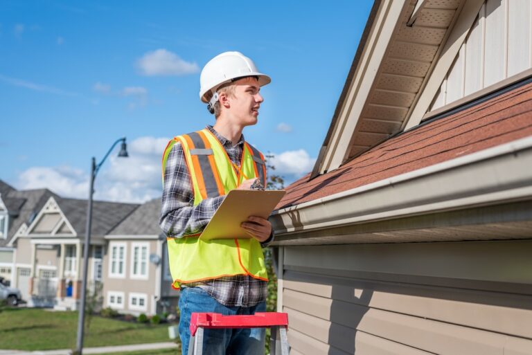 Roof inspector looking at home's roof with a clipboard and checklist