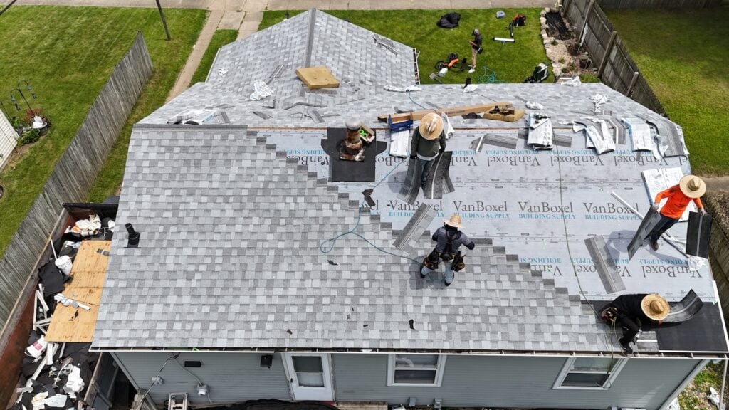 aerial view of one way roofers roof replacement